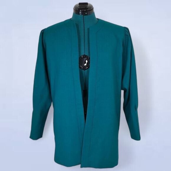 Vintage Mertelli Collection Teal Pure Virgin Wool Open Blazer - Size 6 - Picture 1 of 9